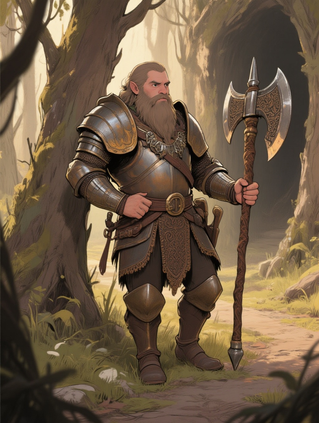 illustrated portrait of a dwarf warrior,  short and stocky man holding a massive battle axe - looks nearly as big as the d...