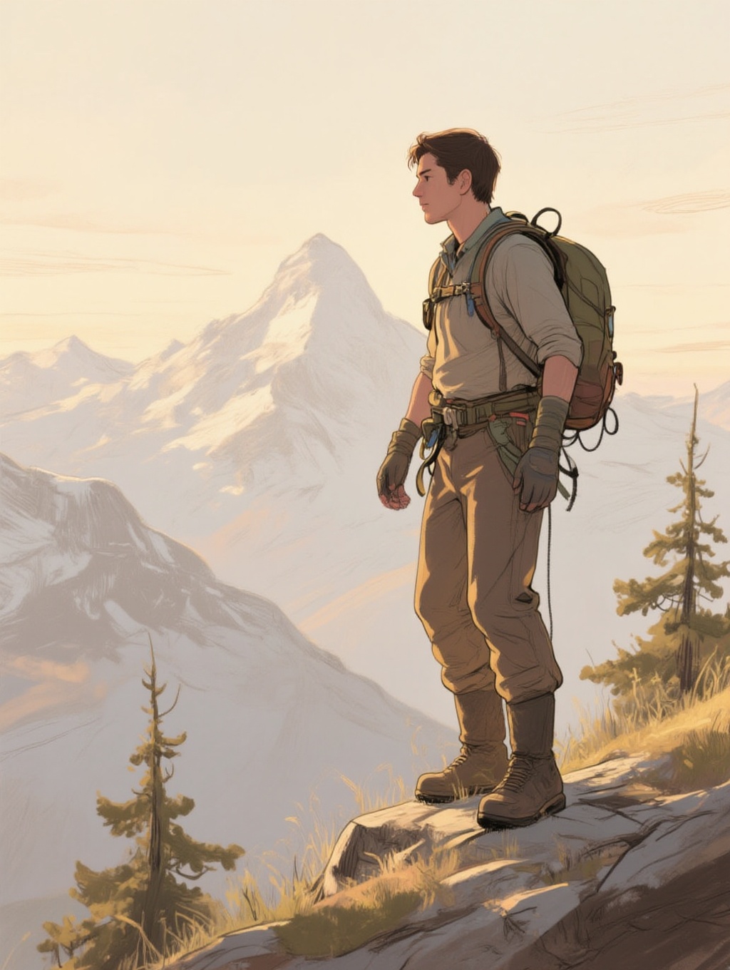 illustrated portrait of a mountain climber reaching the summit,  with a breathtaking view of the surrounding peaks. on Ten...