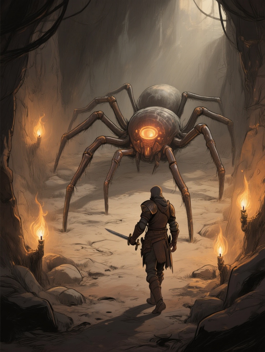 illustrated dimly lit underground chamber,  illuminated only by the flickering torches on the walls,  serves as the backdr...