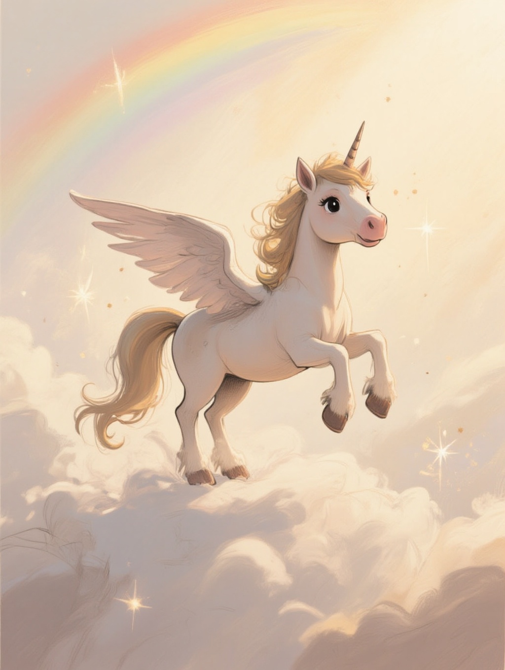 illustrated portrait of my little pony with wings magic and sparkles on a cloud bright and serene distant rainbow on Tenso...
