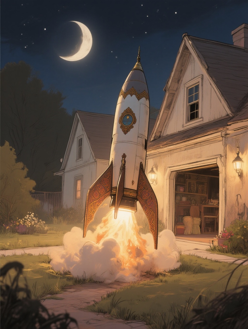 illustrated view of a backyard launch of a baroque-styled rocket ship at night time behind the garage of a rural home on T...