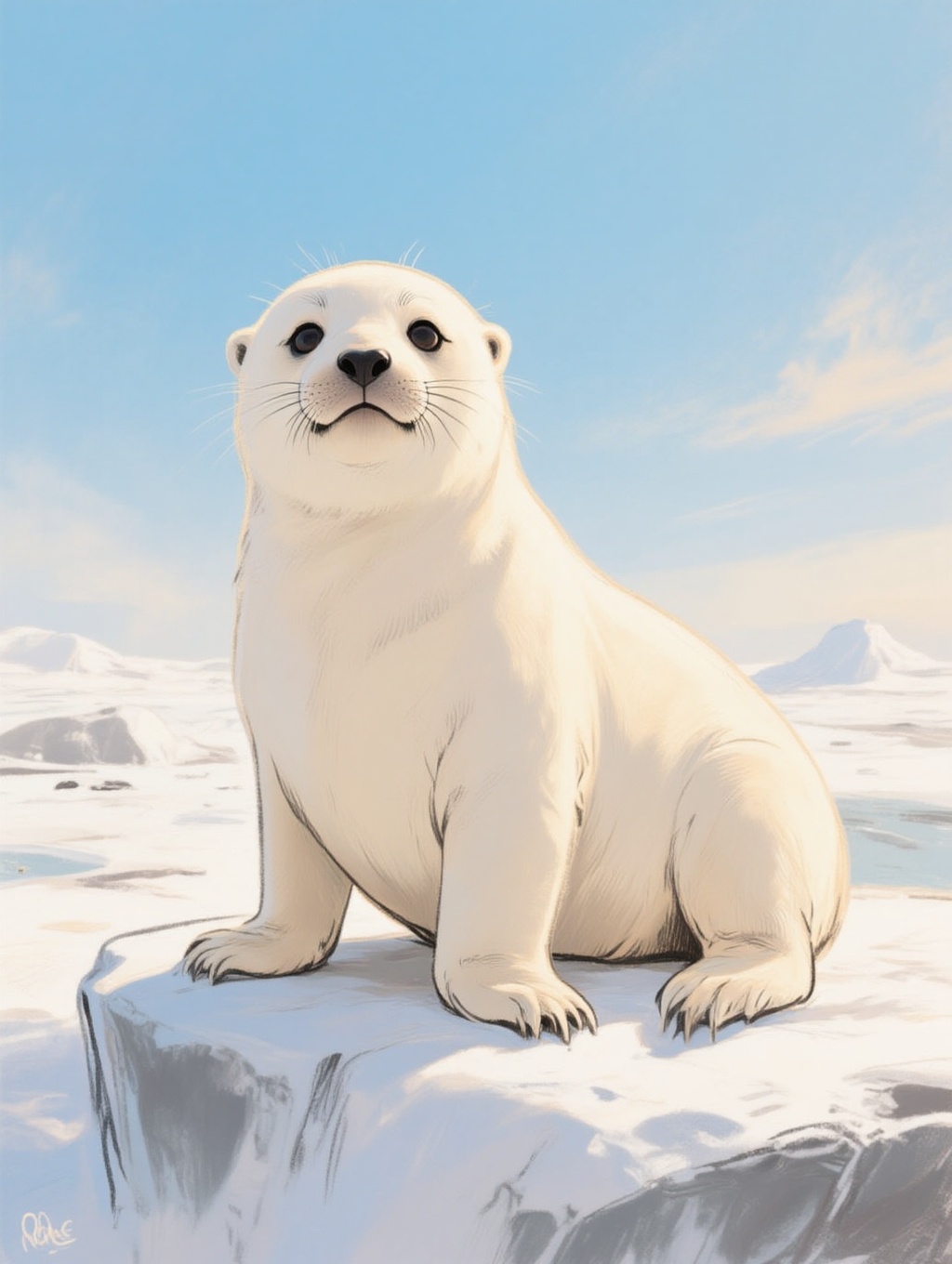 illustrated portrait of an adorable baby white seal on ice and snow under a brilliant blue sky in the arctic on Tensor.Art