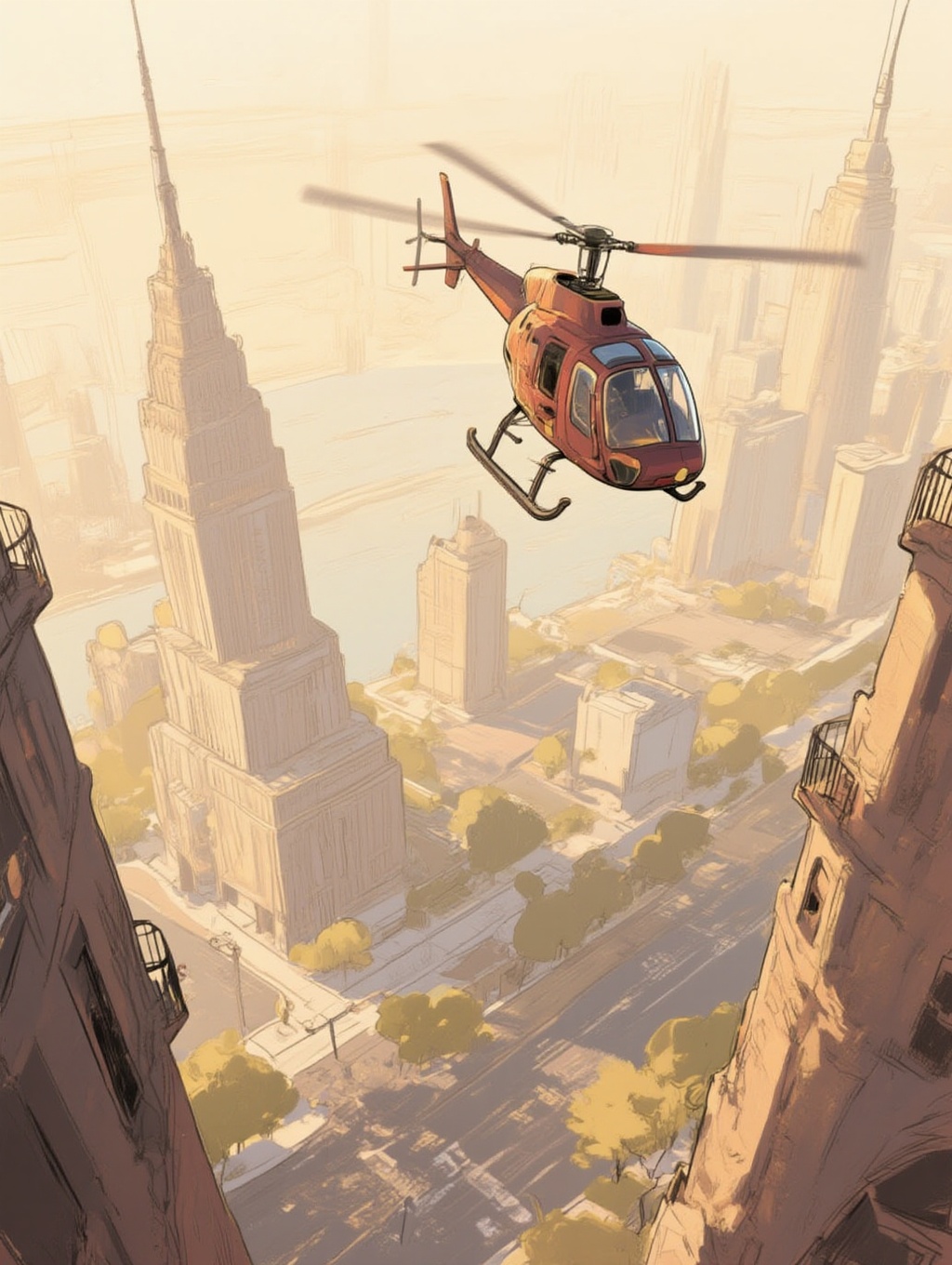 illustrated top-down isometric aerial view extreme elevation of a helicopter in flight high above a distant midtown Manhat...