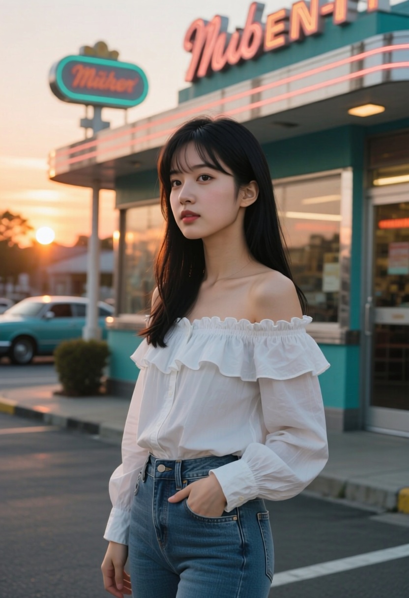 j_vibes,  wide shot of a girl with sleek black hair in a ruffled off-shoulder blouse and skinny jeans,  standing in front...