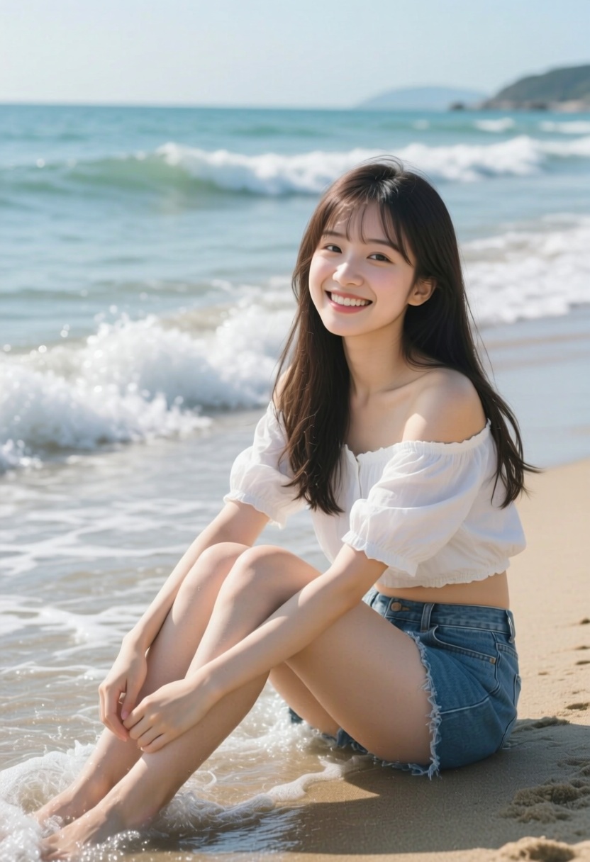 j_vibes,  wide-angle shot of a relaxed girl with long hair,  wearing an off-shoulder midriff blouse on Tensor.Art