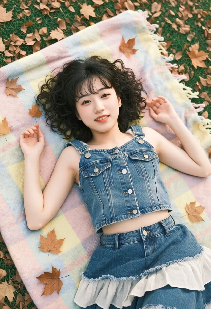 j_vibes,  top-down angle of a young japanese girl with curly bangs,  dressed in a denim crop top and layered skirt on Tens...