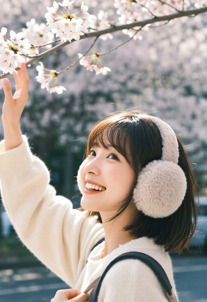 j_vibes,  over-the-shoulder shot of an adorable woman with a short bob and fluffy earmuffs,  smiling cheerfully as she rea...