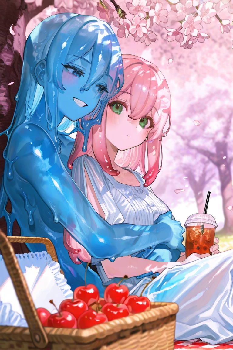 slime girl,  artist:[ekrea jan|sakoku \(oyatsu3ji \)|yoneyama mai|fuzichoco|quasarcake],  2girls on Tensor.Art