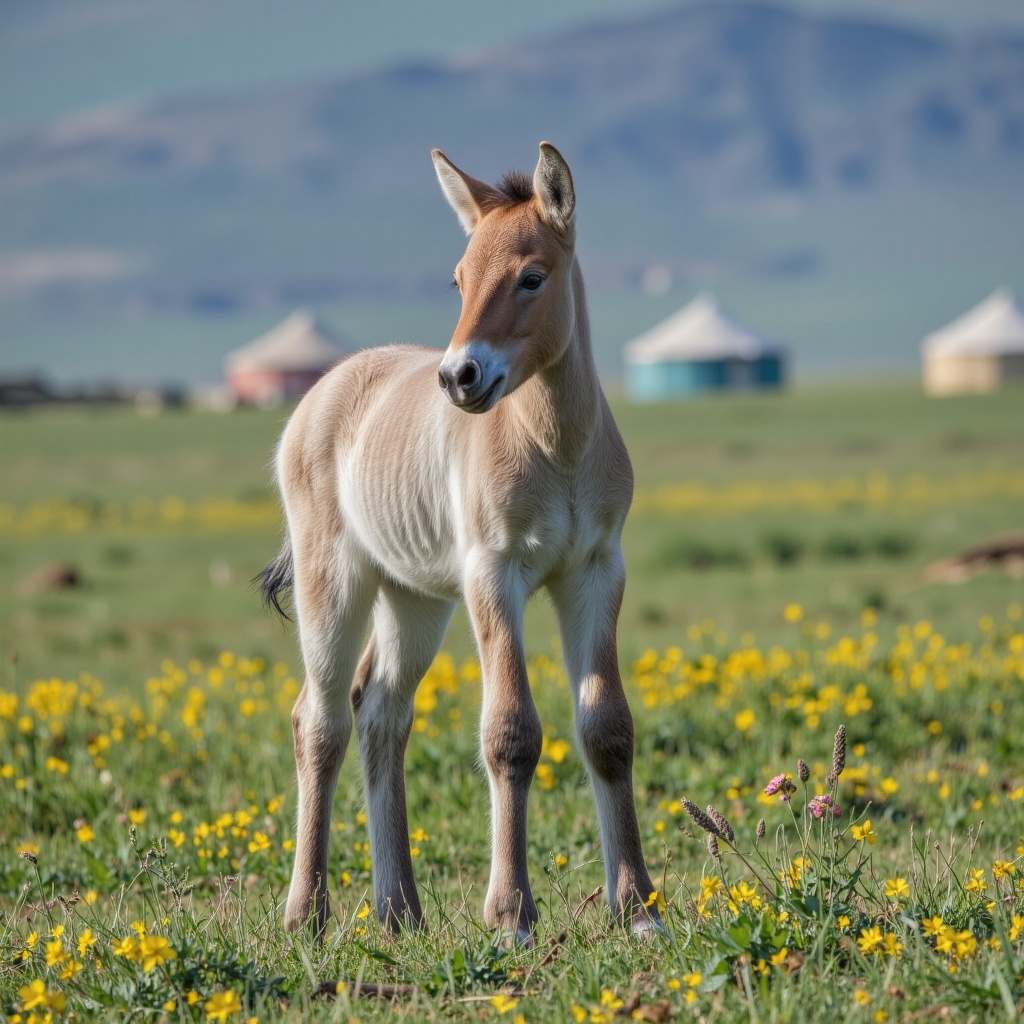 Close-up of a young Przewalski's foal standing alone on a lush spring grassland,  ears perked up,  looking curiously aroun...