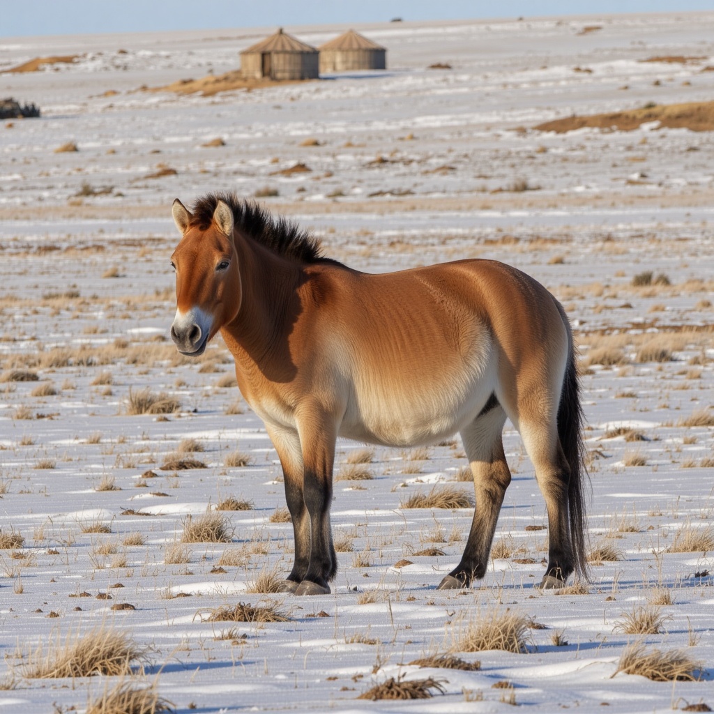 Przewalski's horse standing alone on winter steppe with light snow patches. Breath visible as white mist in frosty air. Ba...