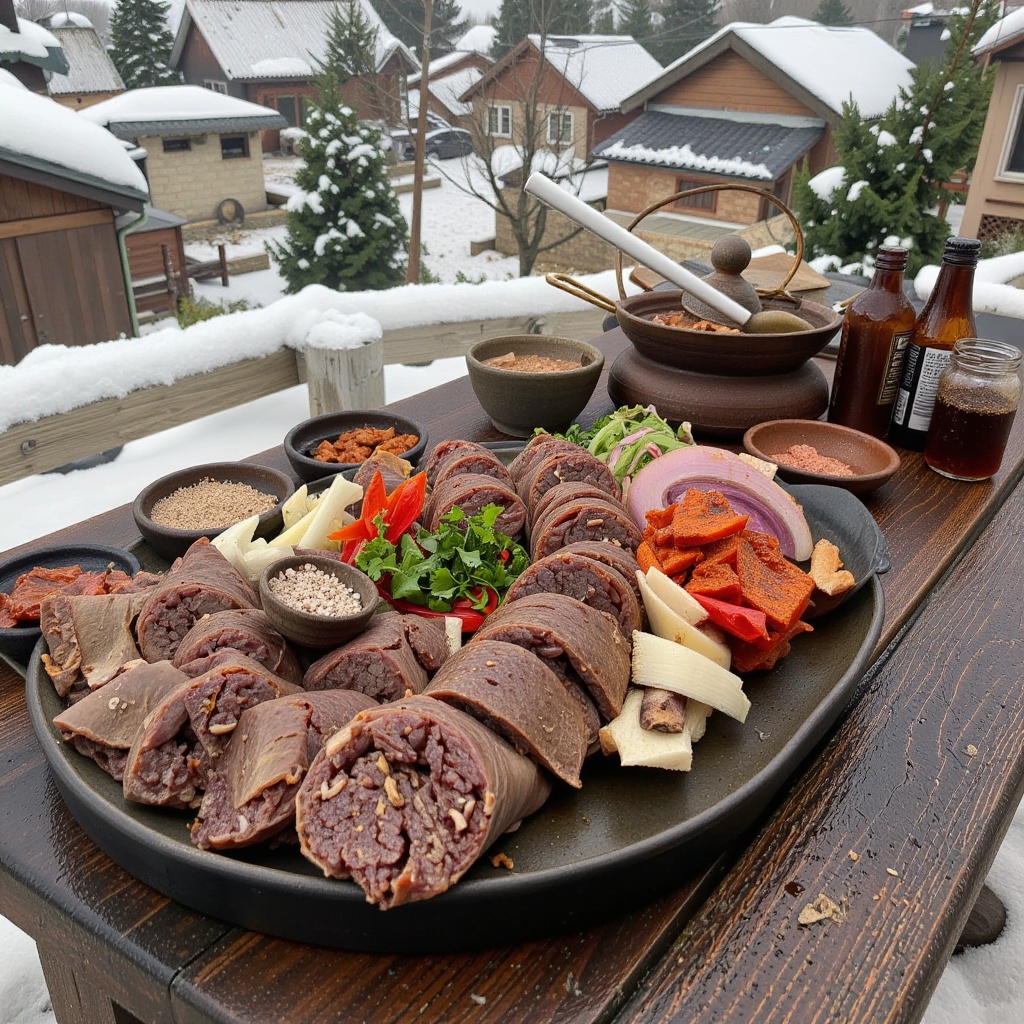 A snowy Korean village scene. A steaming hot platter with Korean Sundae,  sliced liver,  lung on Tensor.Art