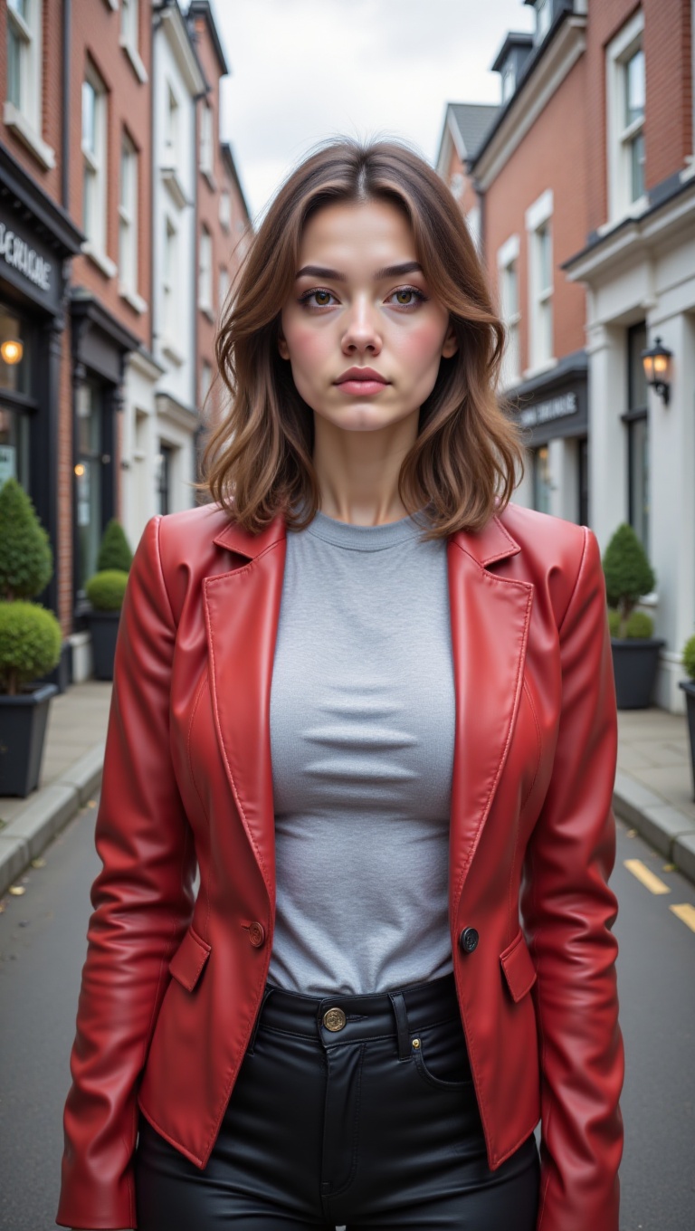 The image is a portrait of a young woman standing on a street. She is wearing a red leather blazer over a grey t-shirt and...