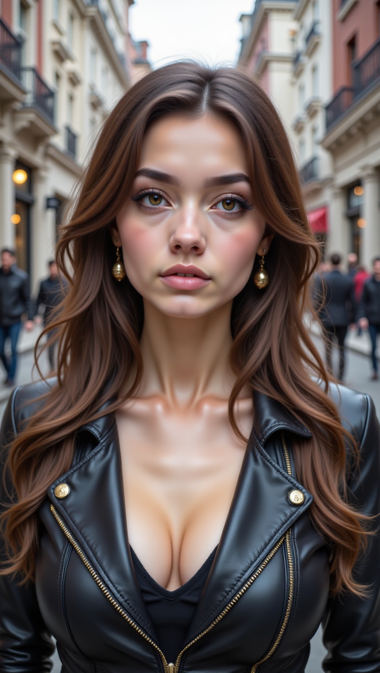 The image is a portrait of a young woman with long,  wavy brown hair. She is standing on a street with buildings on either...