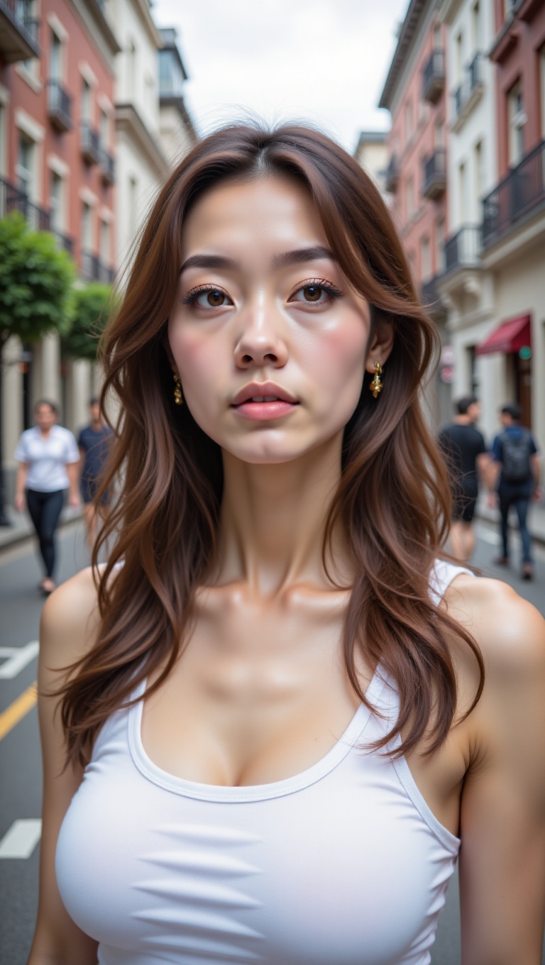 The image is a portrait of a young woman with long,  wavy brown hair. She is standing on a street with buildings on either...