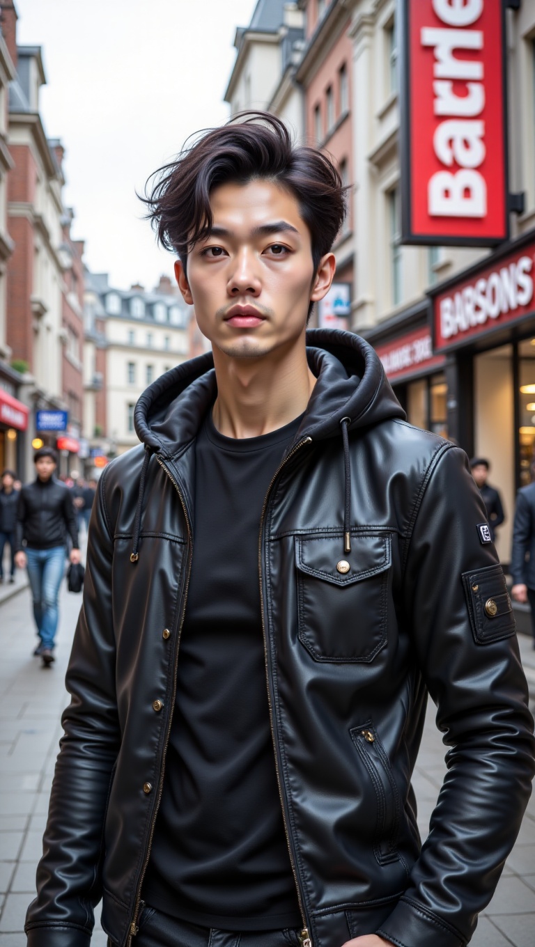 The image is a portrait of a young Asian man standing on a busy street. He is wearing a black leather jacket with a hood a...