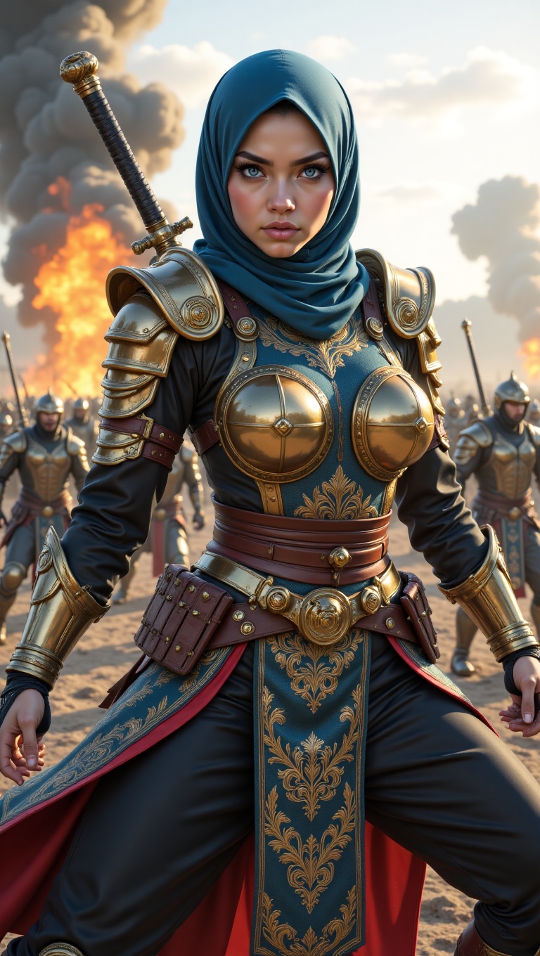 Stylish Malay hijab warrior princess in a modern hijabster aesthetic,  wearing a sleek combat-ready outfit blended with tr...