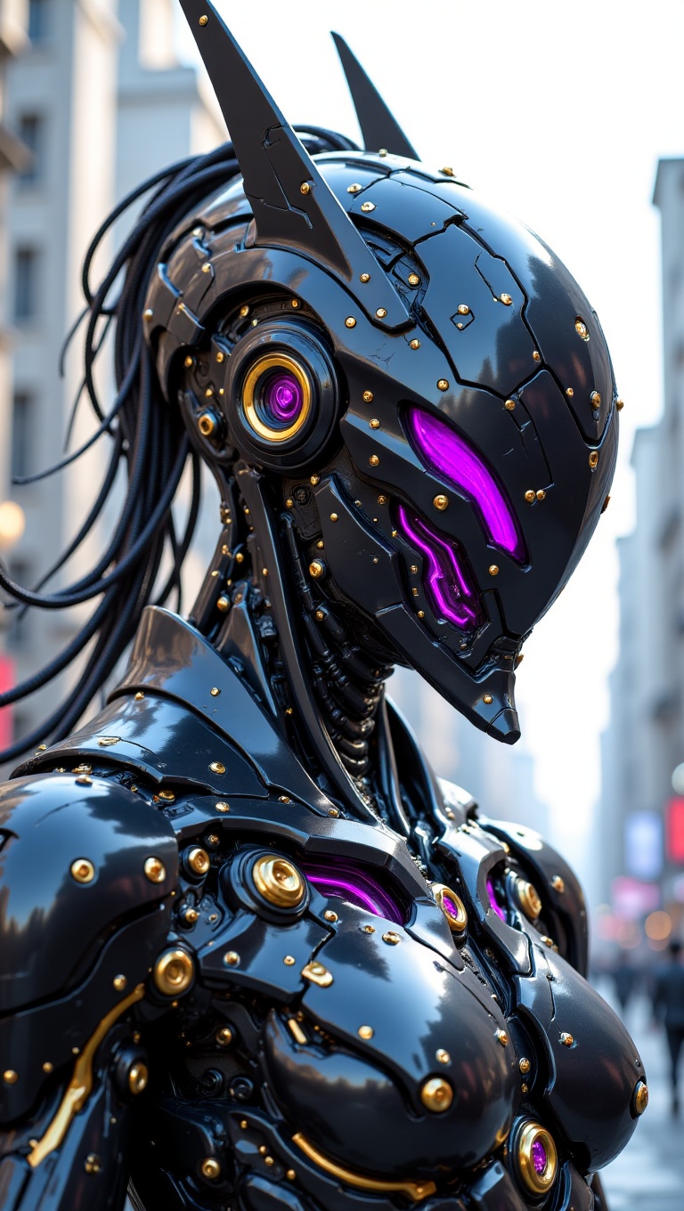 A hyperrealistic,  dynamic close-up portrait of an advanced,  sleek humanoid robot or mecha. The robot is primarily dark o...