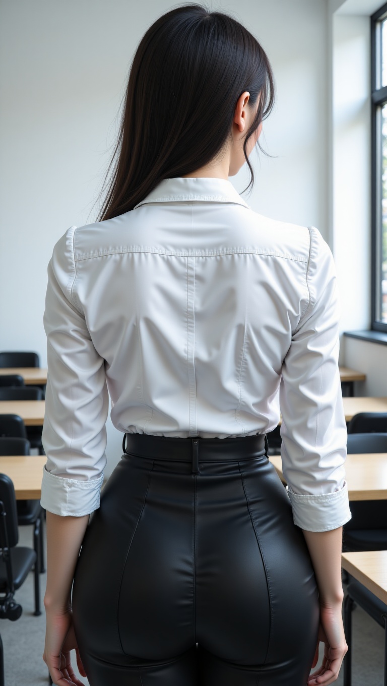a woman in a white shirt and black skirt,  classroom,  realistic body shape on Tensor.Art