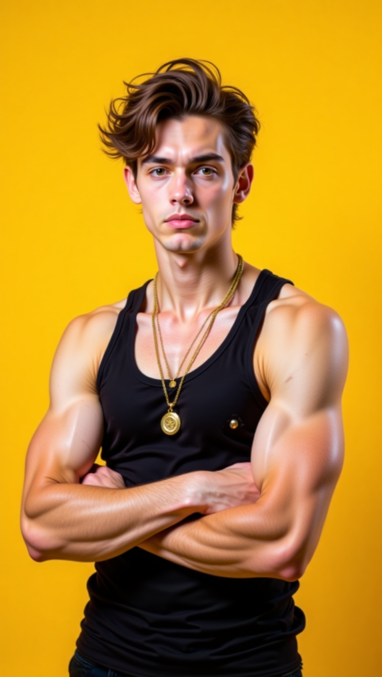 The image is a portrait of a young man with a muscular physique. He is wearing a black **** top and a gold necklace with a...