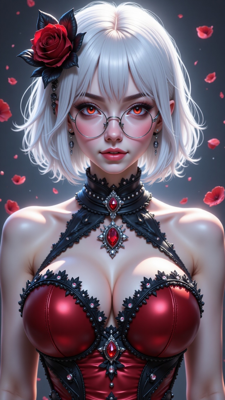Digital illustration of a beautiful vampire with short,  soft white curly hair and bangs,  radiating elegance and allure....