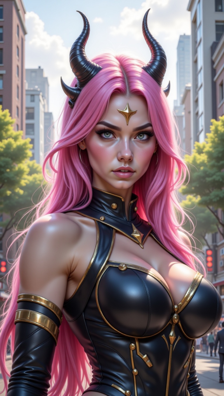 The image is a portrait of a young woman with long pink hair. She is standing in front of a cityscape with tall buildings...