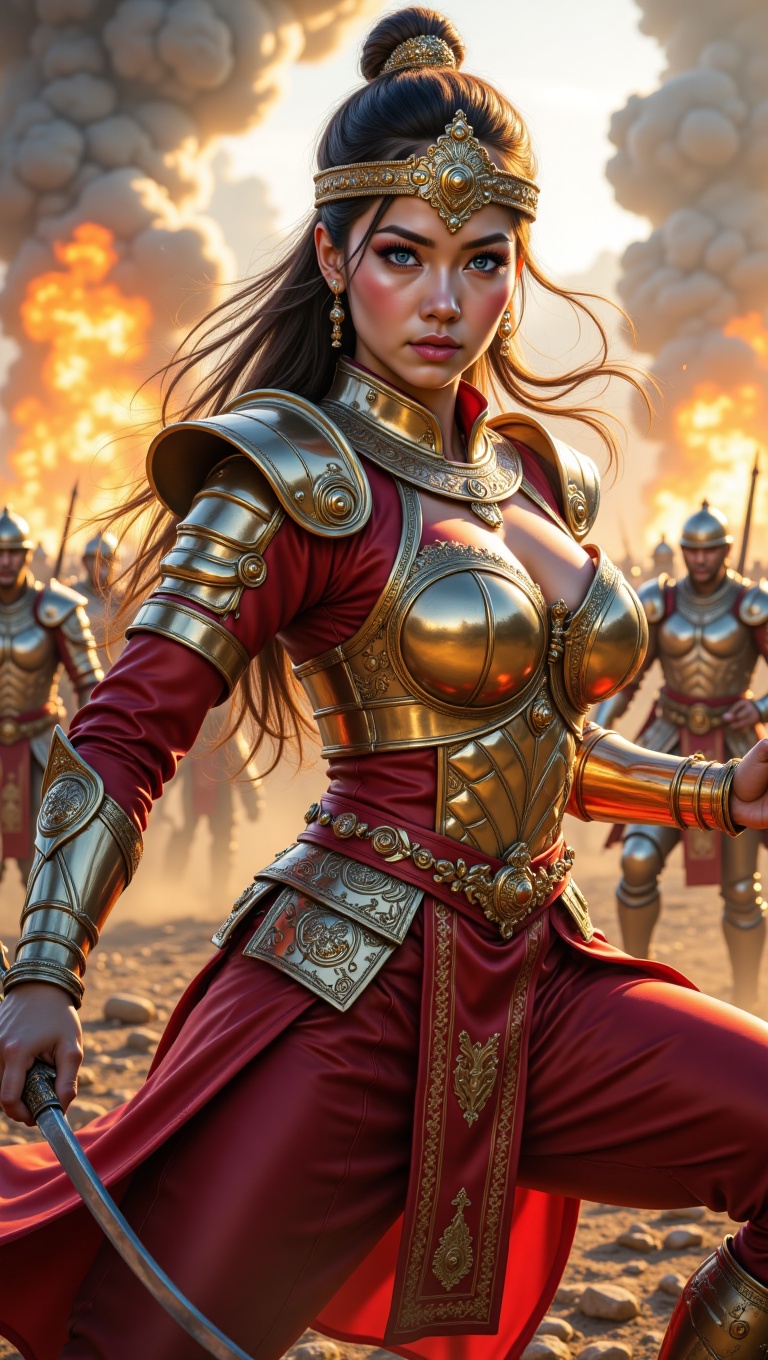 Malay warrior princess in battle,  wearing traditional armor with bronze-scaled plating and royal songket,  tengkolok head...