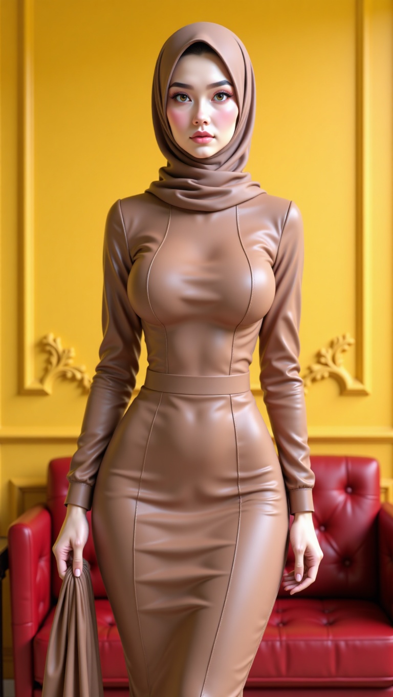 The image is a 3D rendering of a young woman wearing a brown hijab. She is standing in a room with yellow walls and a red...