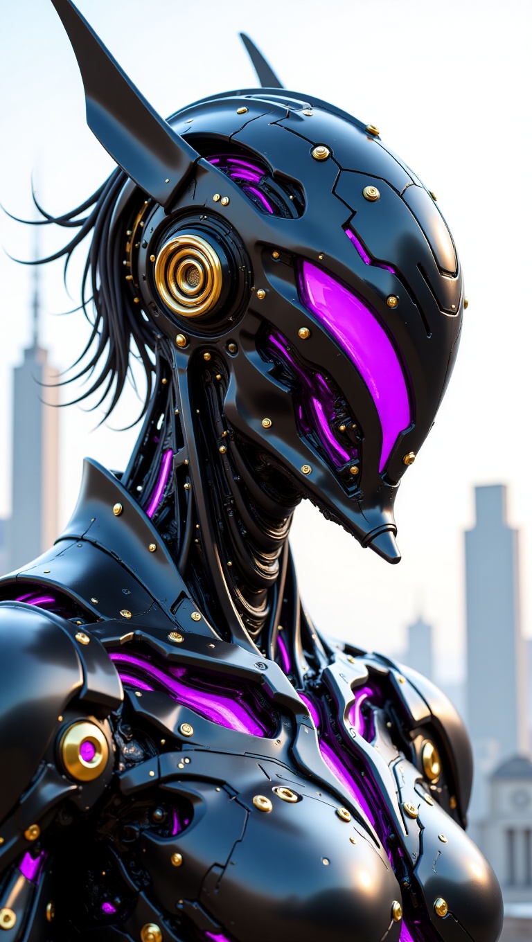 A hyperrealistic,  dynamic close-up portrait of an advanced,  sleek humanoid robot or mecha. The robot is primarily dark o...