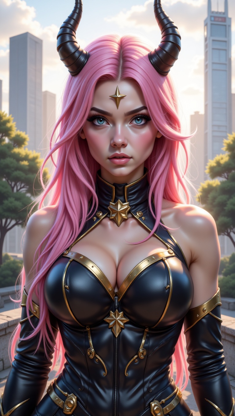 The image is a portrait of a young woman with long pink hair. She is standing in front of a cityscape with tall buildings...