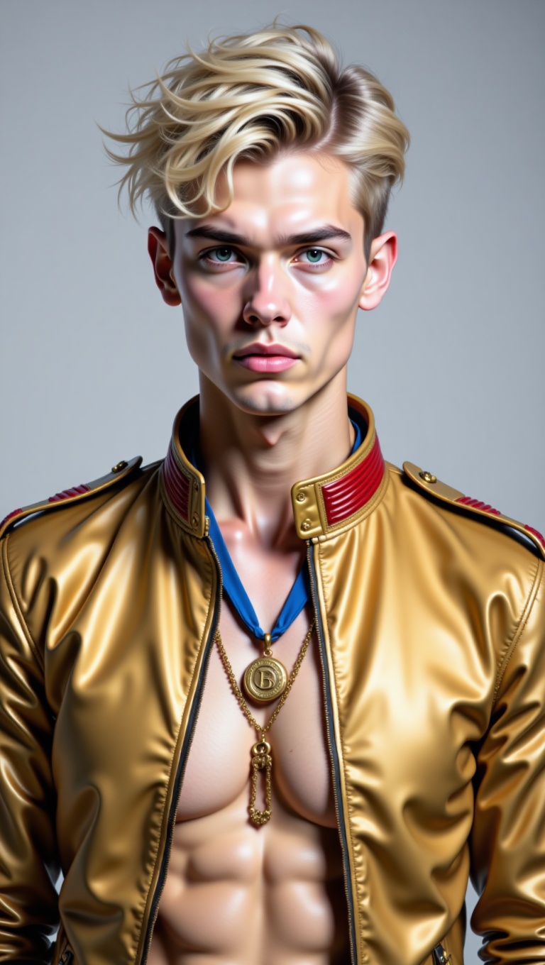 The image is a portrait of a young man with blonde hair styled in a messy yet fashionable manner. He is wearing a gold mil...