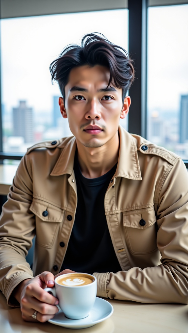 The image is a portrait of a young Asian man sitting at a table with a cup of coffee in front of him. He is wearing a beig...
