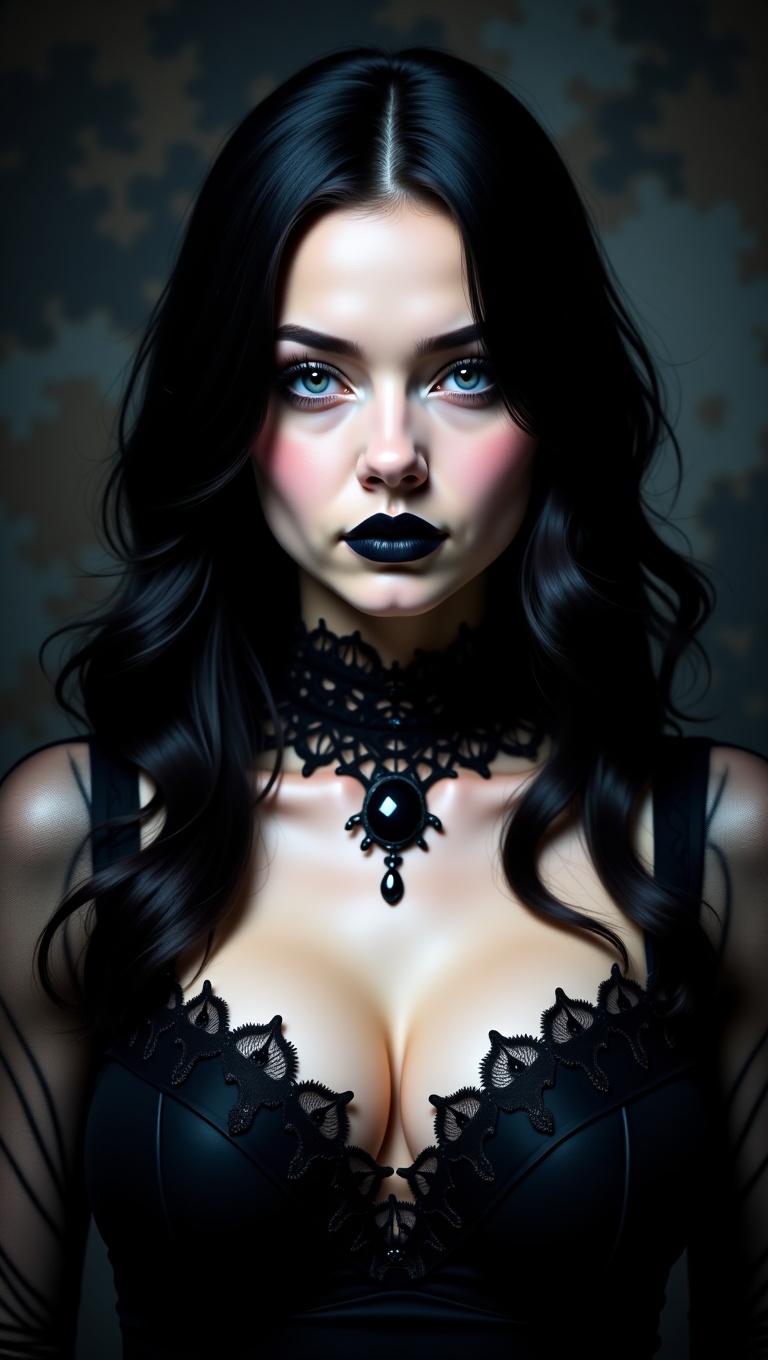 This image portrays a young woman with a strikingly gothic and mysterious appearance. She has long,  silky black hair casc...