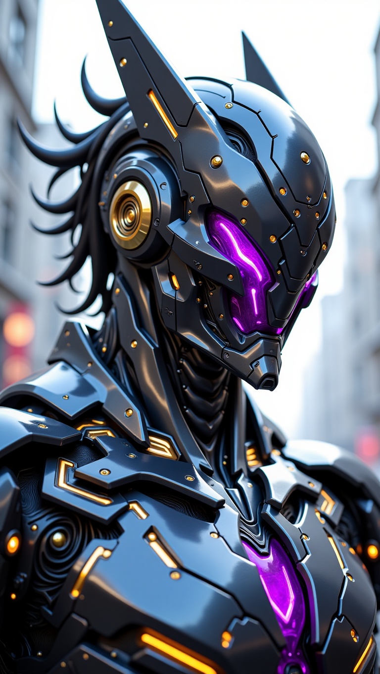 A hyperrealistic,  dynamic close-up portrait of an advanced,  sleek humanoid robot or mecha. The robot is primarily dark o...