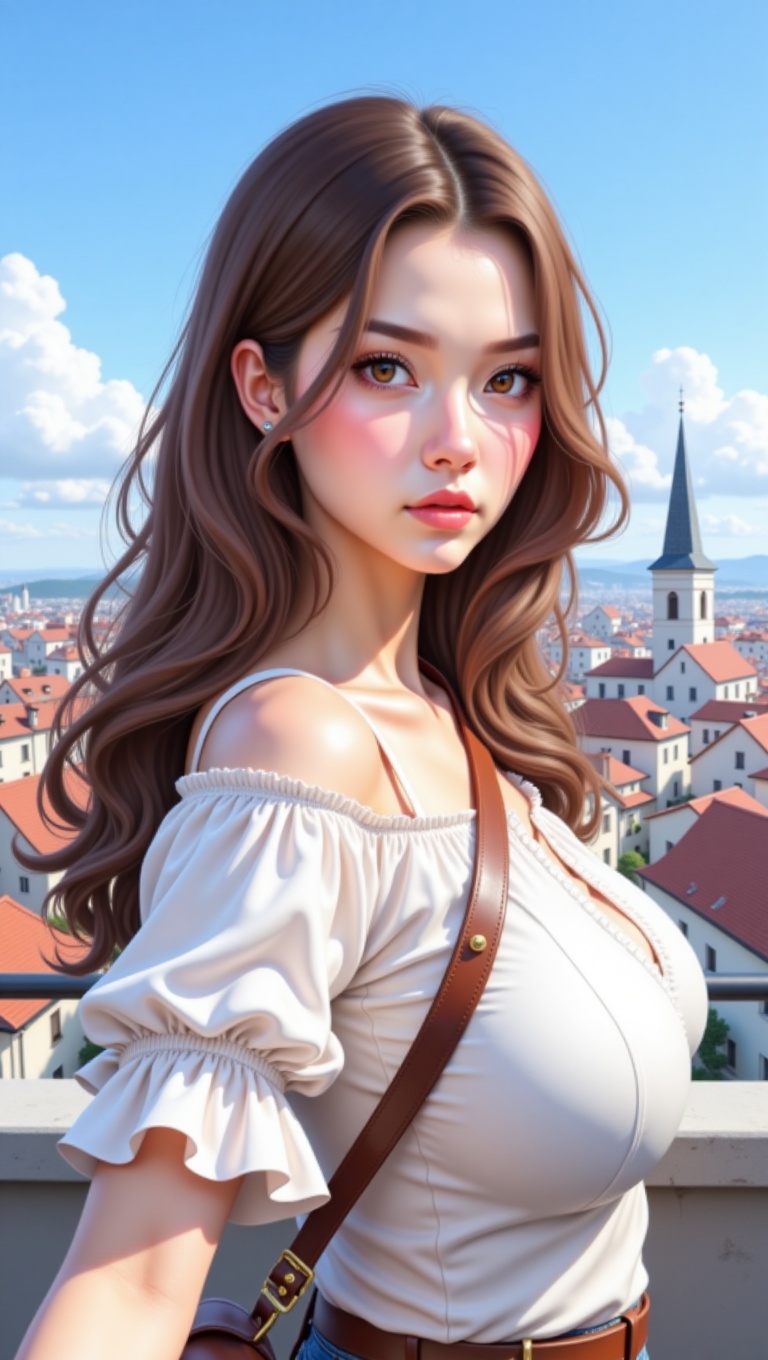 The image is a digital portrait of a young woman with long,  wavy brown hair. She is standing on a balcony overlooking a c...