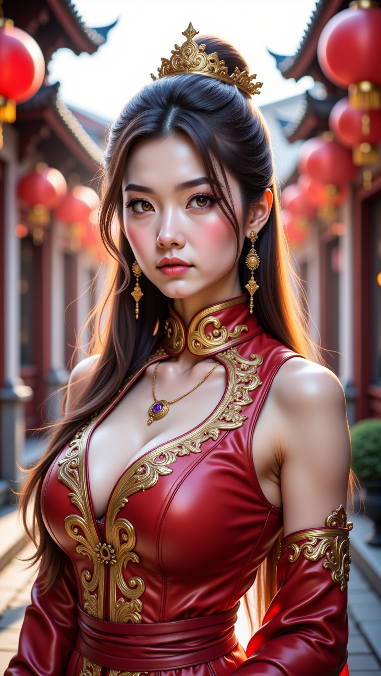 The image is a portrait of a young woman wearing a traditional Chinese outfit. She is standing on a street with buildings...