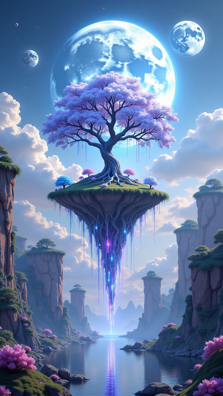A surreal landscape where floating islands,  tethered by glowing energy vines,  drift through a sky of swirling on Tensor.Art