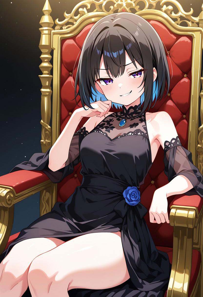 smug look,  female in a regal dress sitting on a throne while leaning on her elbow,  nyoro_nyorozou_XLL on Tensor.Art