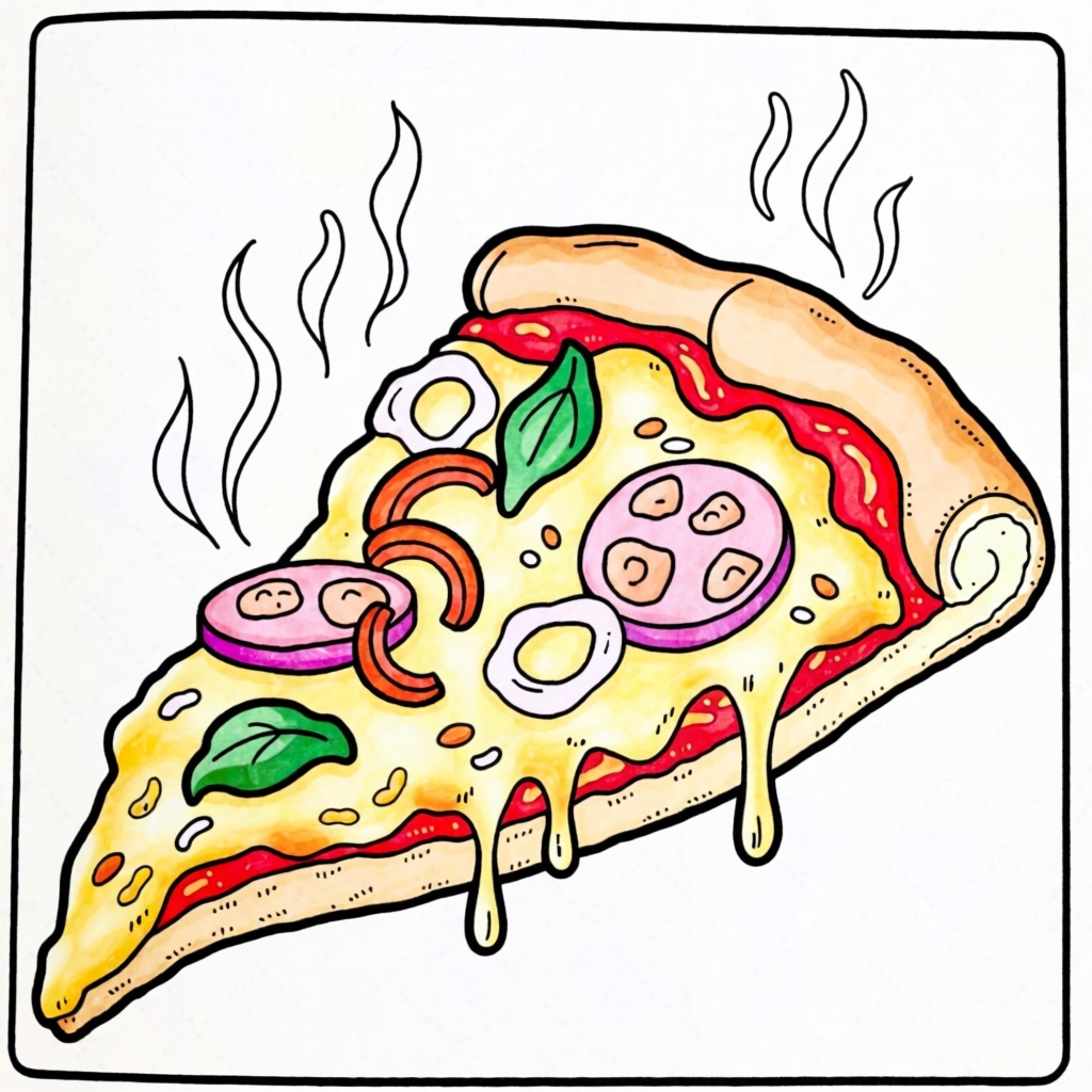 C0l0r,  coloring book page,  steaming pizza slice with melted cheese and toppings on Tensor.Art