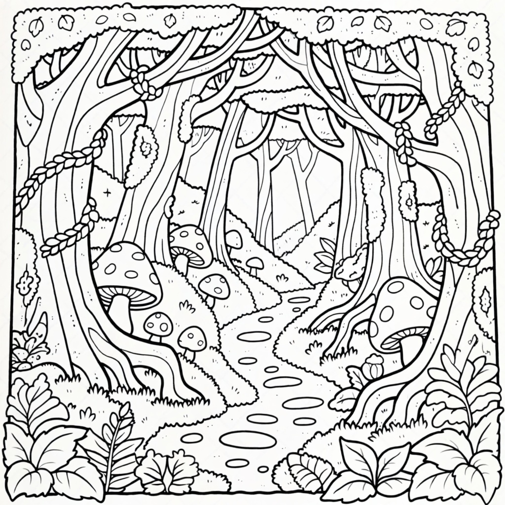C0l0r,  coloring book page,  dense enchanted forest with twisting trees and vines on Tensor.Art