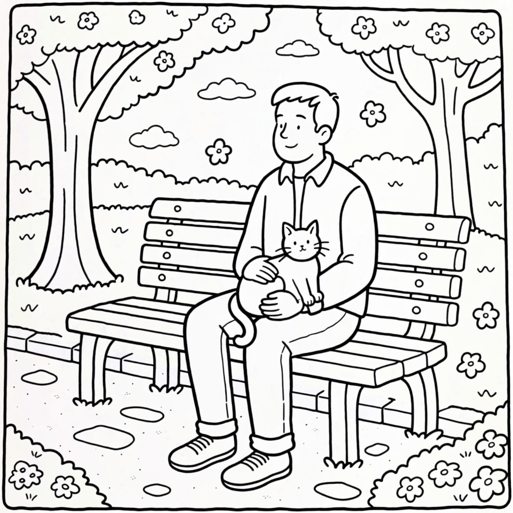 C0l0r,  coloring book page,  a scene with a man sitting on a park bench with a cat on his lap on Tensor.Art