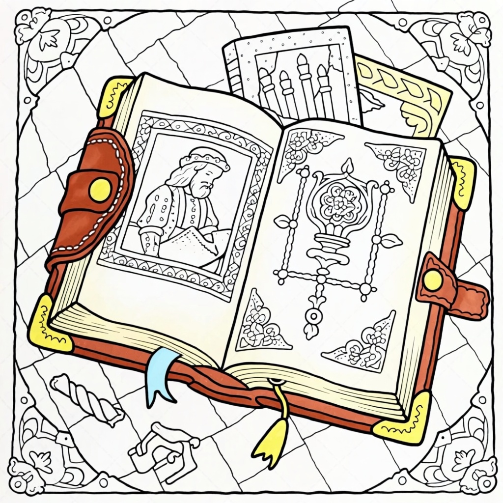 C0l0r,  coloring book page,  open ancient book with ornate pages and illustrations on Tensor.Art