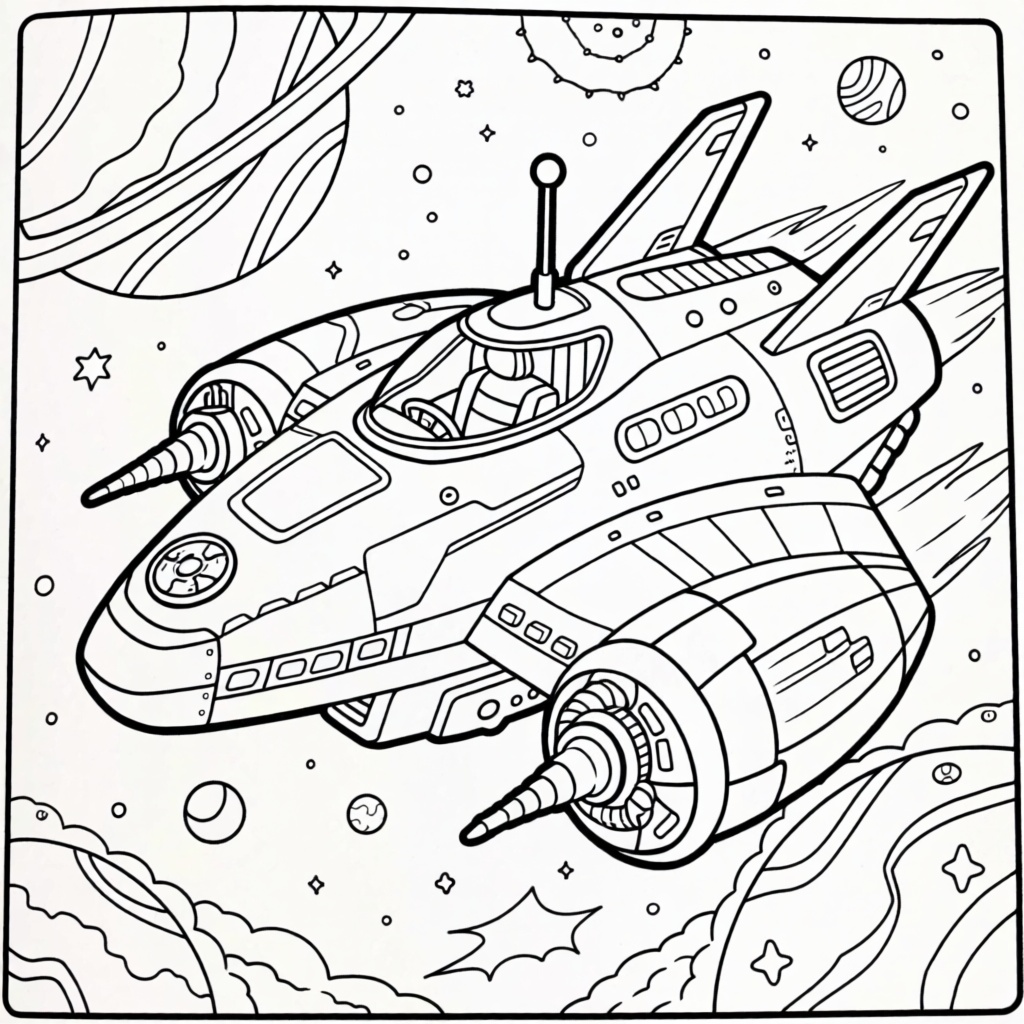 C0l0r,  coloring book page,  futuristic spaceship with thrusters and cockpit on Tensor.Art