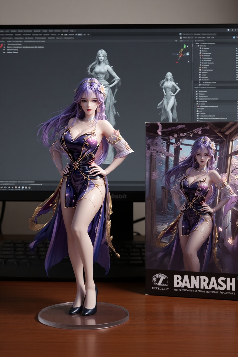 Create a 1/7 scale commercialized figure of the character in the illustration,  in a realistic styie and environment. Plac...