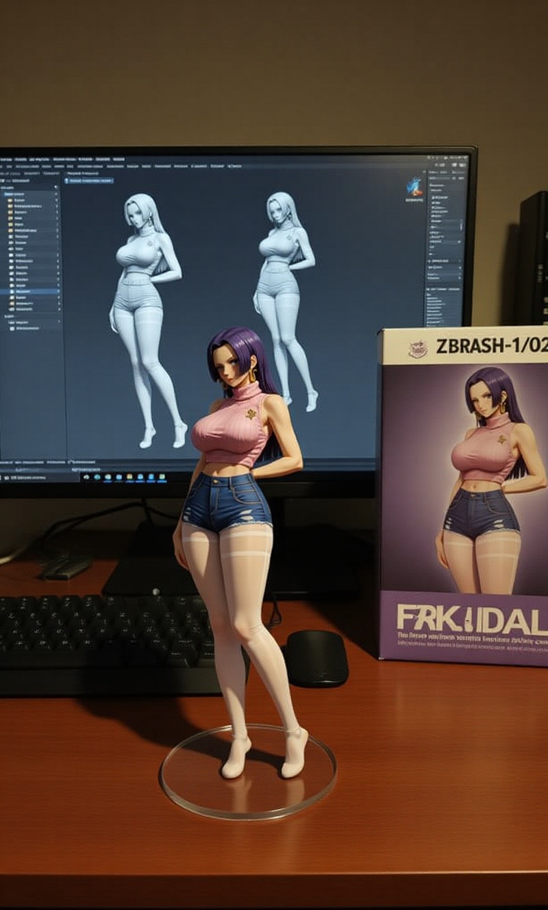 Create a 1/7 scale commercialized figure of the character in the illustration,  in a realistic styie and environment. Plac...