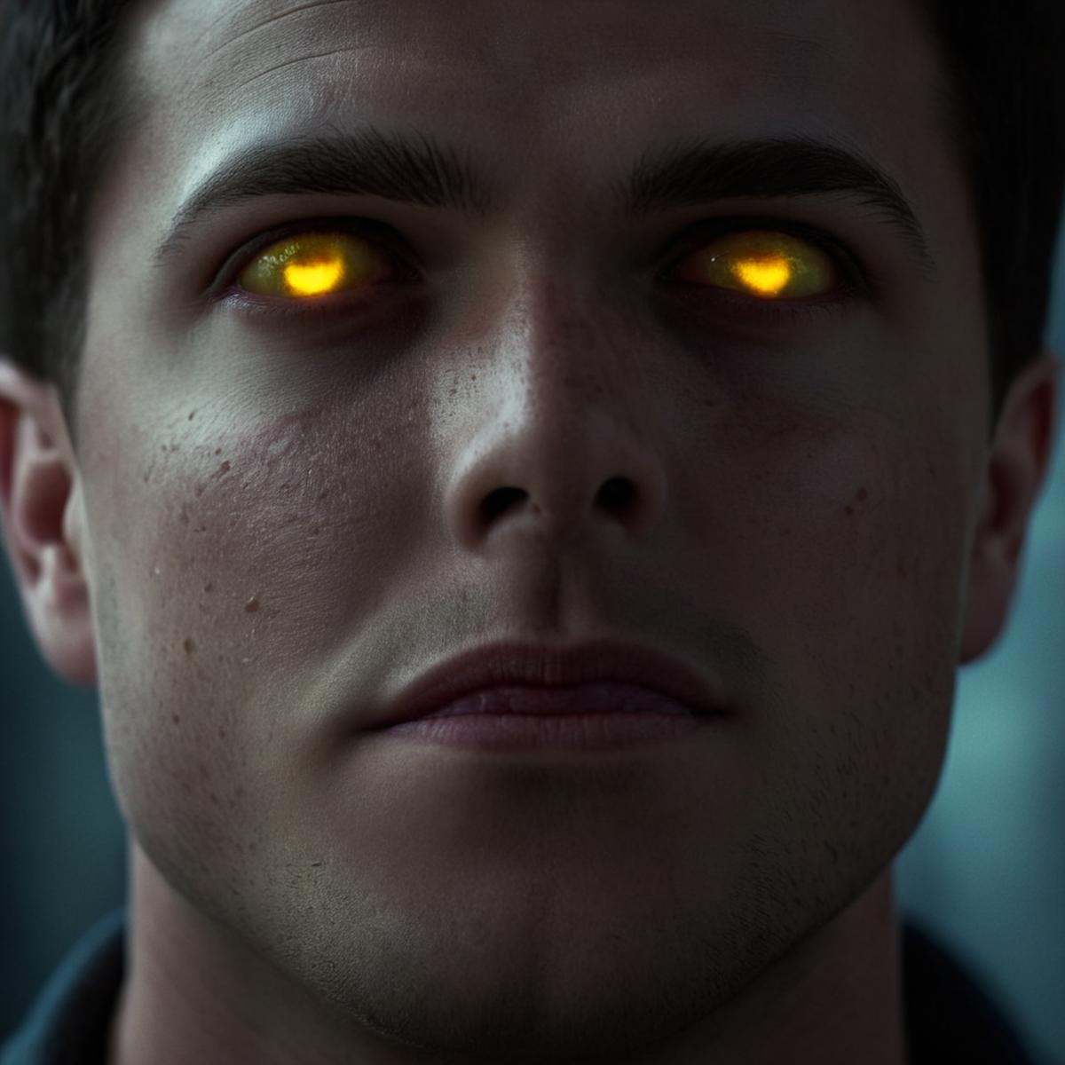cinematic film still of In perfect eye style a photo of a Glowing sclera eyes of a man with glowing yellow eyes stares at...
