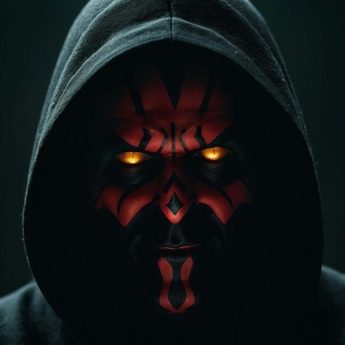 cinematic film still of very big eyes Darth MaulIn perfect eye style a photo of a Yellow sclera eyes of a man with a hood...