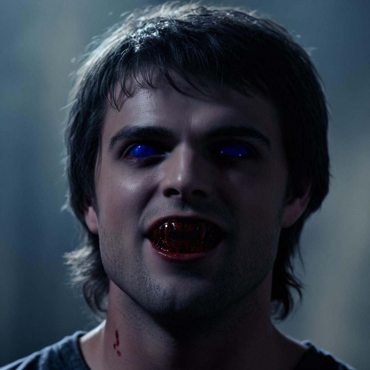 cinematic film still of In perfect eye style a photo of a Blue sclera eyes of a man with a bloody smile on his face,  shar...