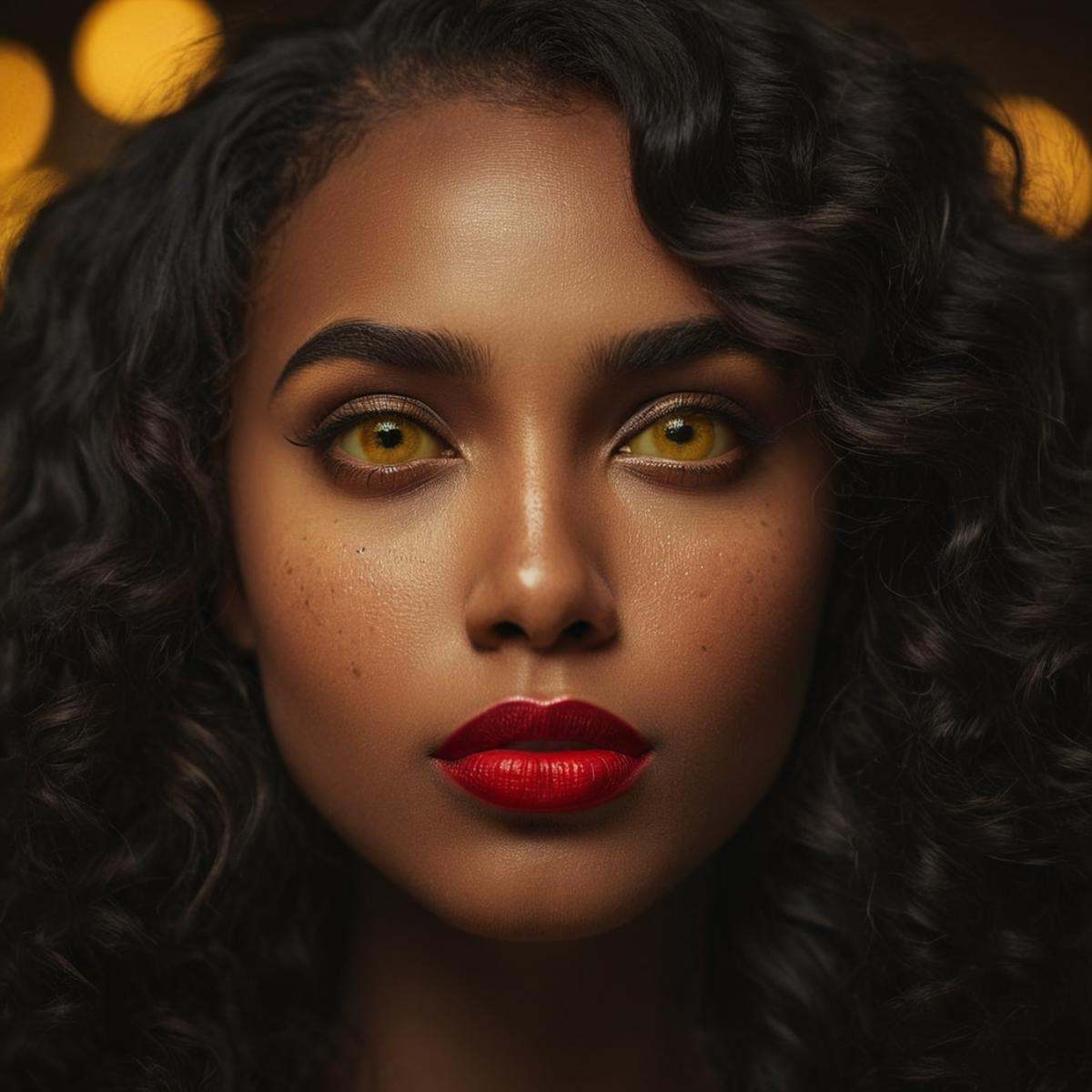 cinematic film still of very big eyesIn perfect eye style a photo of a Yellow glowisclera eyes of a woman with long hair a...