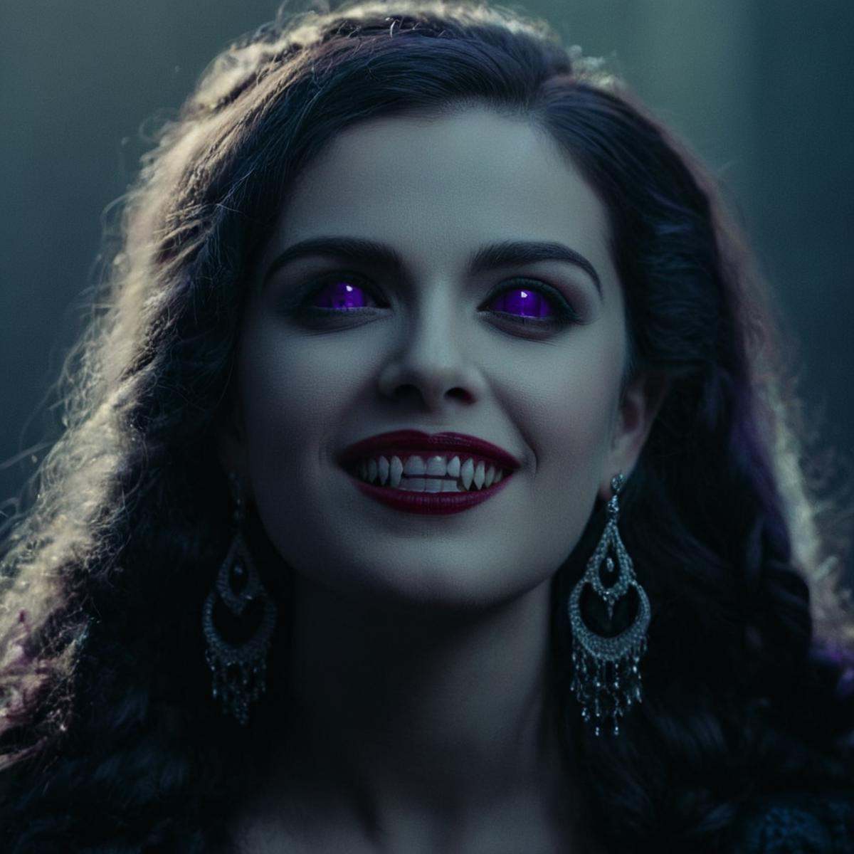 cinematic film still of In perfect eye style a photo of a Purple sclera eyes of a vampire woman with a very big smile on h...