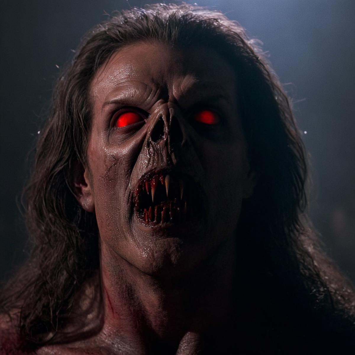 cinematic film still of In perfect eye style a photo of a Glowing sclera eyes of a creepy looking creature with red mattey...